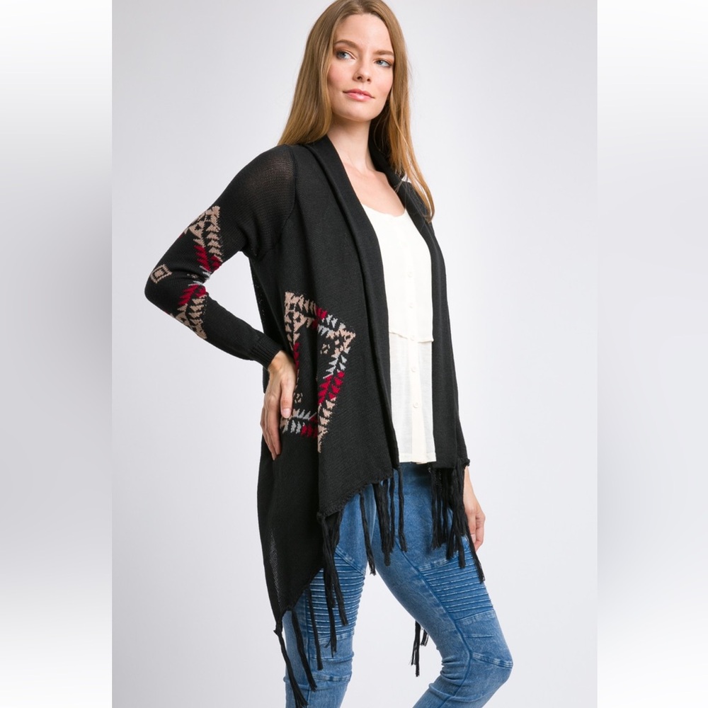 NWT! Clearance 🍇Black Fringe High Low Aztec Tribal Cardigan Open Front Sweater